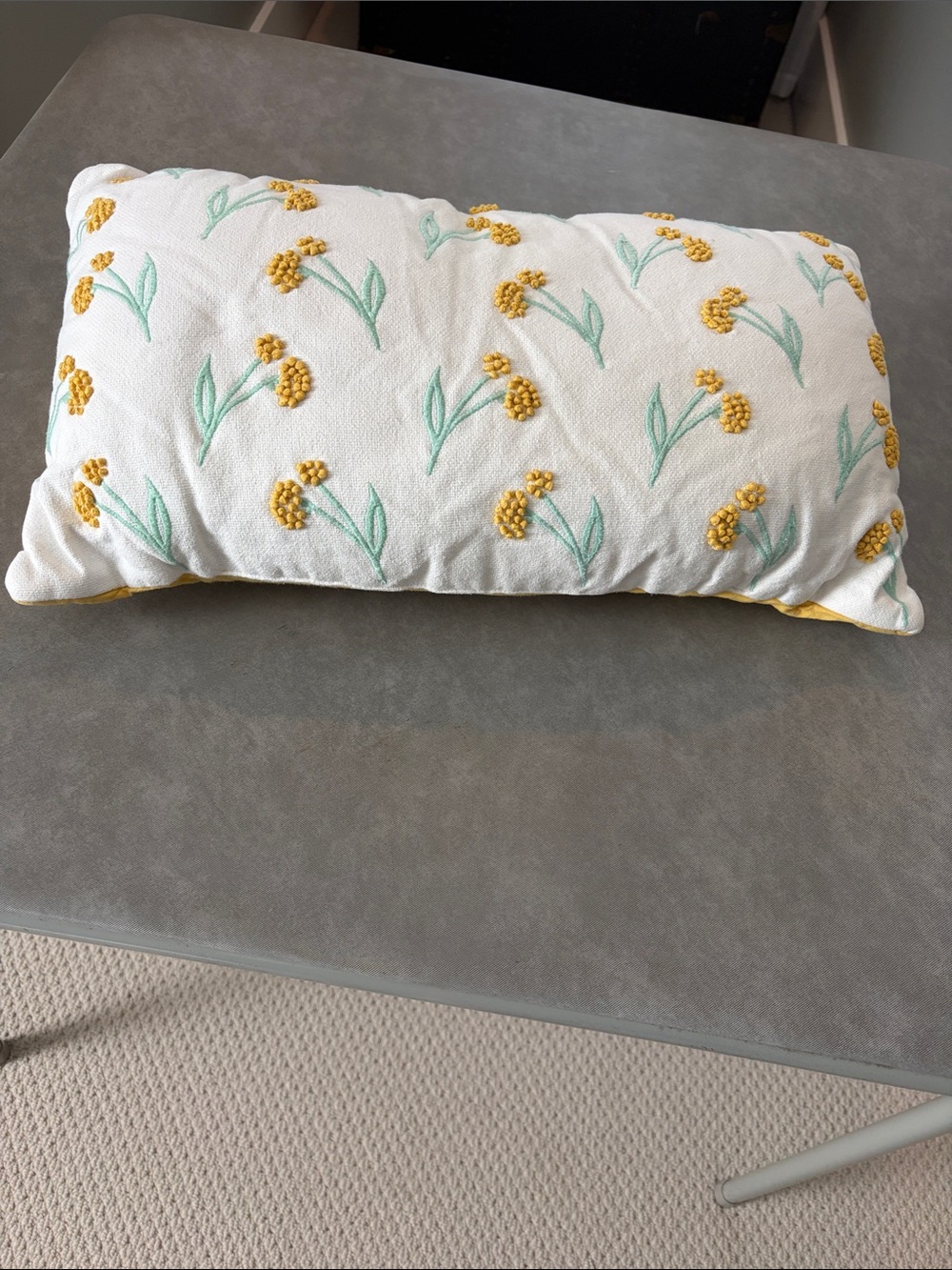 Embroidered Ivory, Yellow, Green Floral Lumbar Pillow